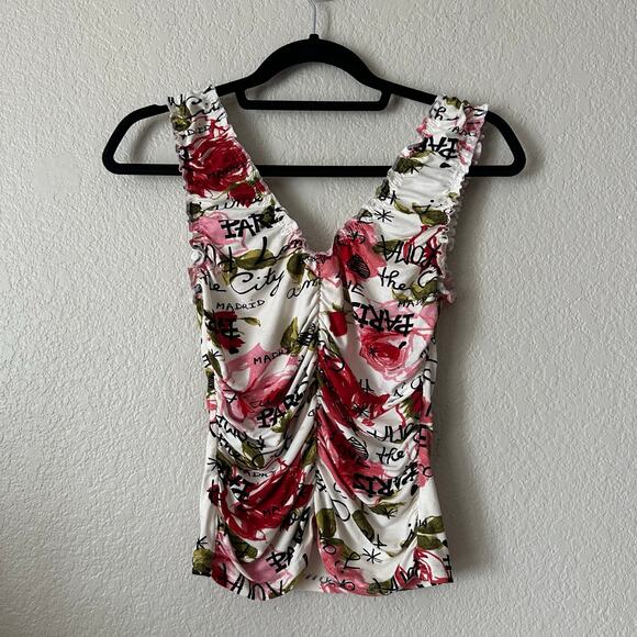 Floral Paris Roma Sleeveless Ruched Tank Top Graffiti - Picture 1 of 5